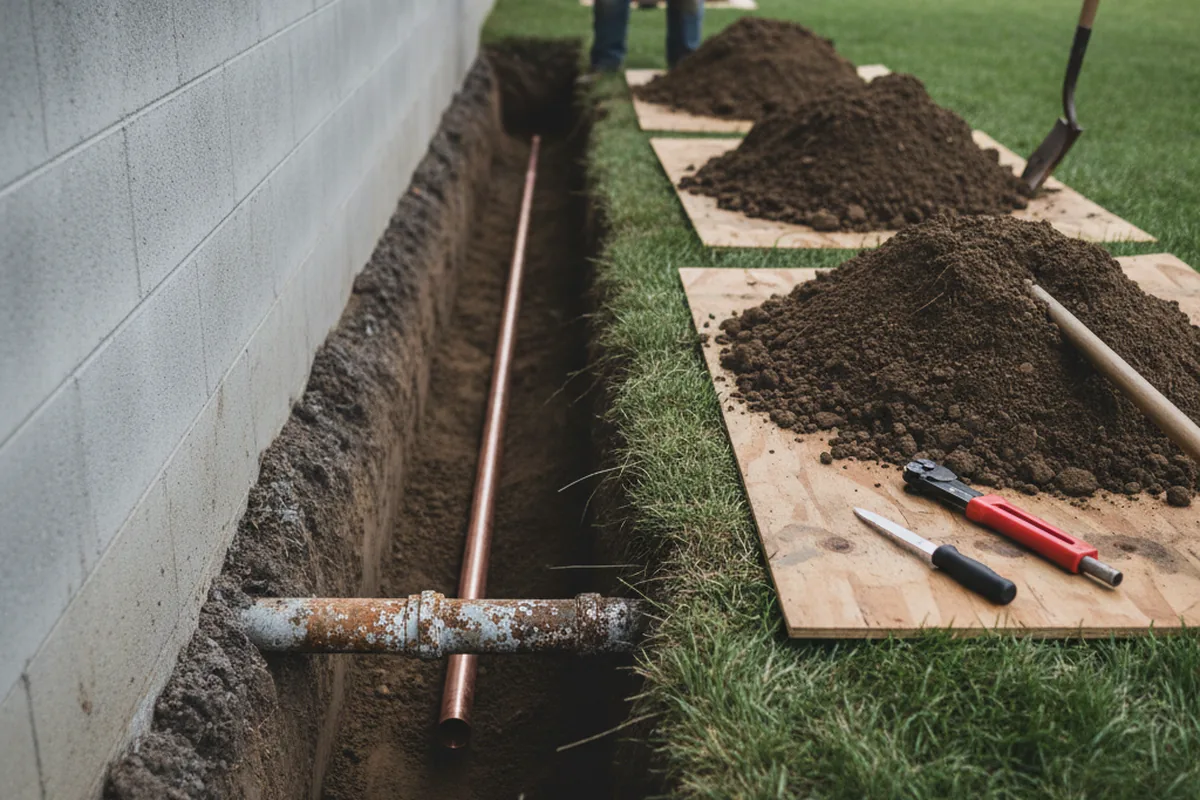 Excavated water line trench during Water Softener Installation in Glidden